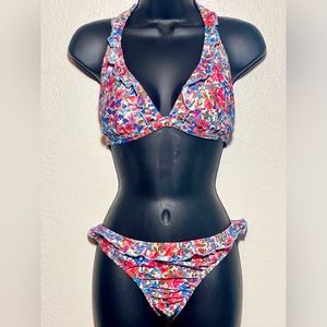 Gianni Bini Blue & Pink Floral Padded Halter Top (L) with Matching Bottoms (M)